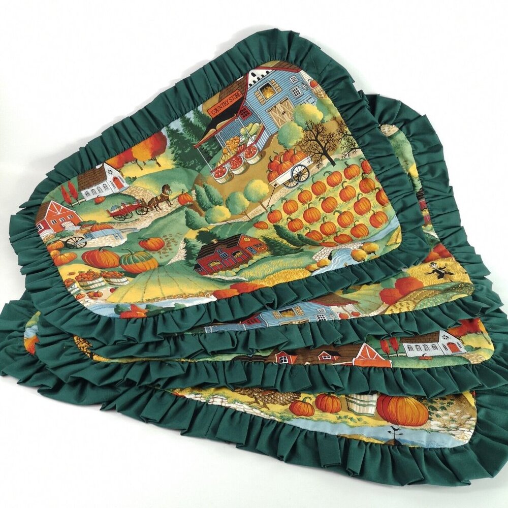 Handmade Thanksgiving Placemats Turkey Pumpkins Green Ruffle Country Autumn
